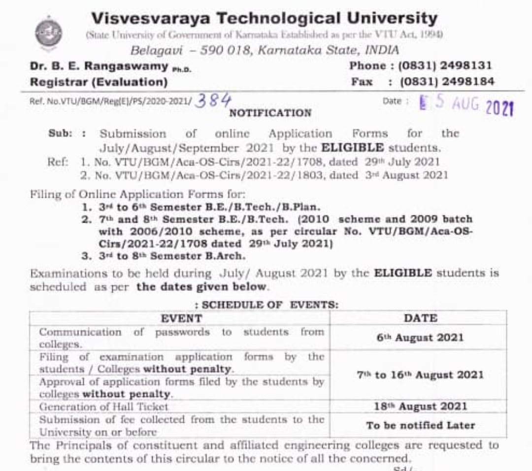 VTU Exam Application Form 2021 (Link) BE/B.Tech/B.Arch & MBA/MCA/M.Tech ...