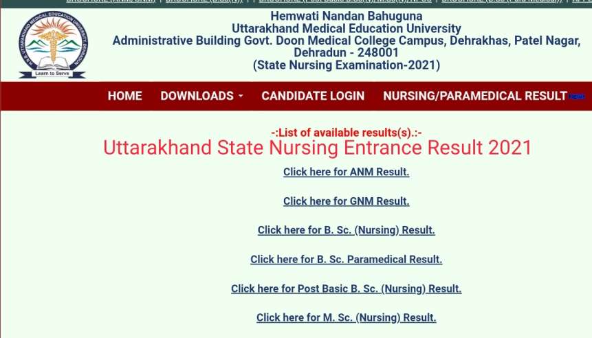 Uttarakhand HNBUMU State Nursing Entrance Result & Merit List 2021 Pdf