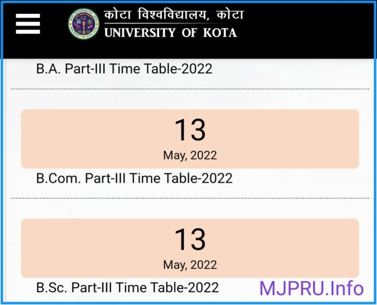 UOK Time Table 2024 Download Kota University BA Bsc Part 1 2 3